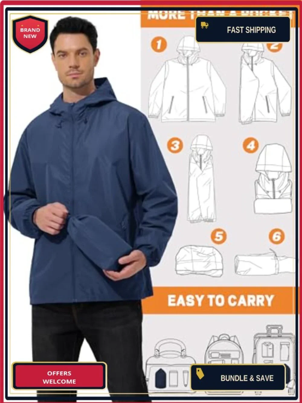 Mens Waterproof Rain Jacket Lightweight Packable Windbreaker